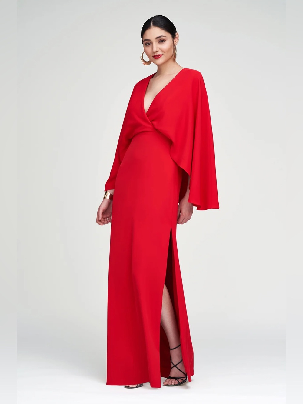Halston Olaya Red Crepe Draped V-Neck Maxi Gown